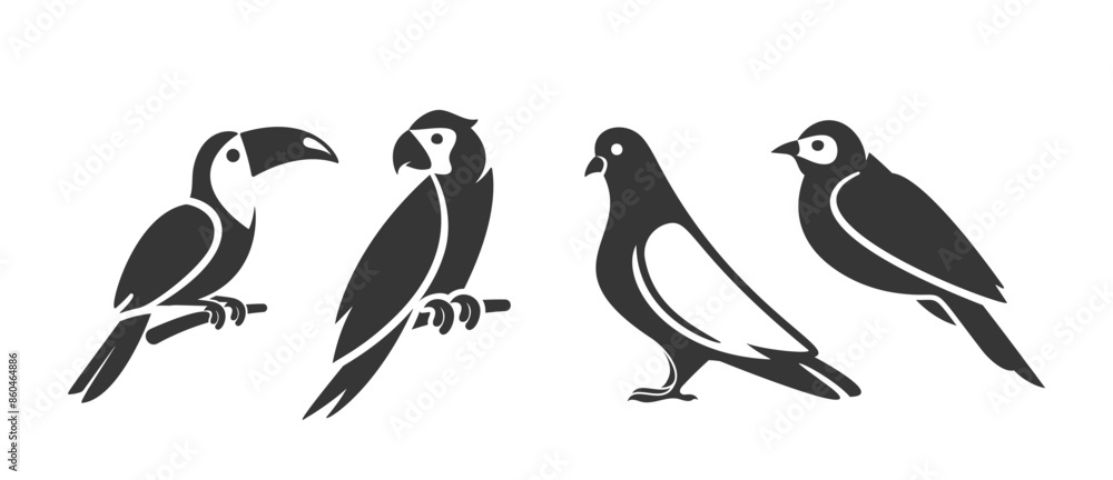 Obraz premium Collection Of Minimalist Bird Icons Using Negative Space Depict Toucan, Parrot, Pigeon And Sparrow Black-and-white Style