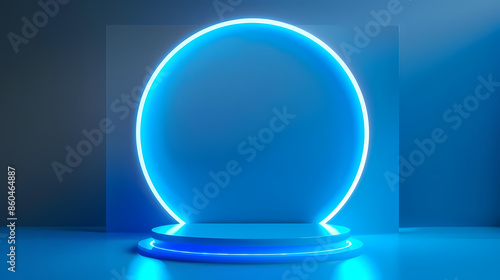 Podium background 3D light tech stage future platform game abstract. Podium 3D background technology room product circle glow effect portal stand studio scene white design ring modern display space.