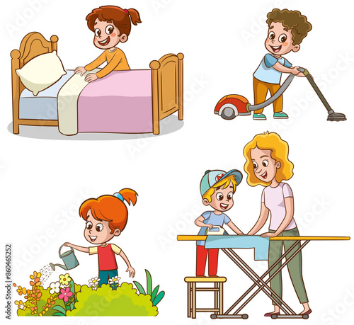 Cartoon children doing housework. Boys and girl helping parents with laundry, washing and vacuuming floor and taking out garbage. Characters doing cleanup or household chores vector