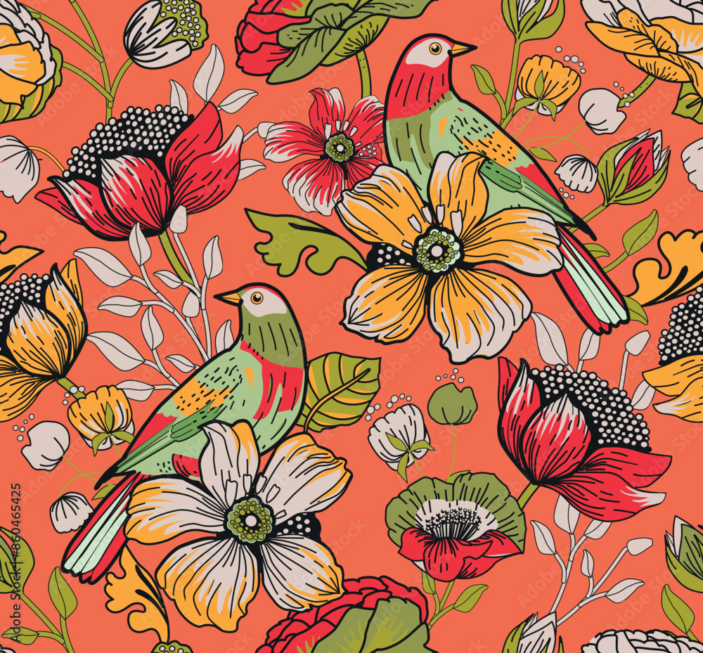Fototapeta premium Seamless pattern for textile or wallpaper with flowers, leaves and birds. Full color print. 