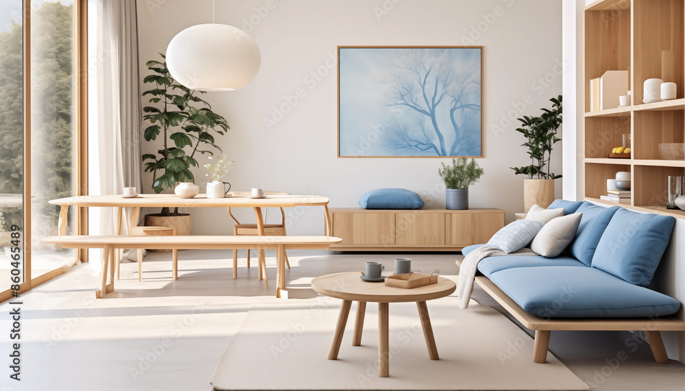 Fototapeta premium Bright airy living room with blue sofa plants and large windows