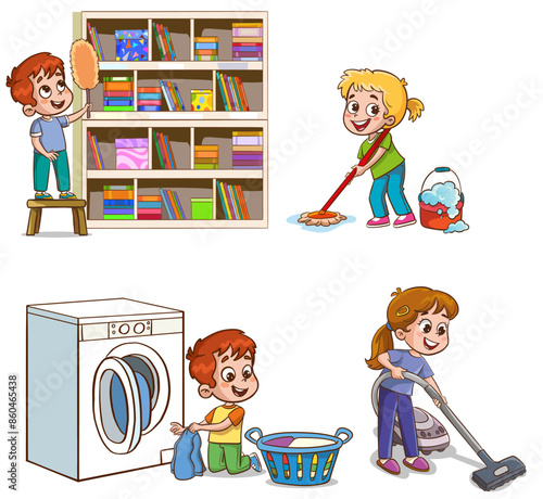 Cartoon children doing housework. Boys and girl helping parents with laundry, washing and vacuuming floor and taking out garbage. Characters doing cleanup or household chores vector