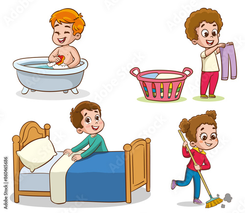 Cartoon children doing housework. Boys and girl helping parents with laundry, washing and vacuuming floor and taking out garbage. Characters doing cleanup or household chores vector