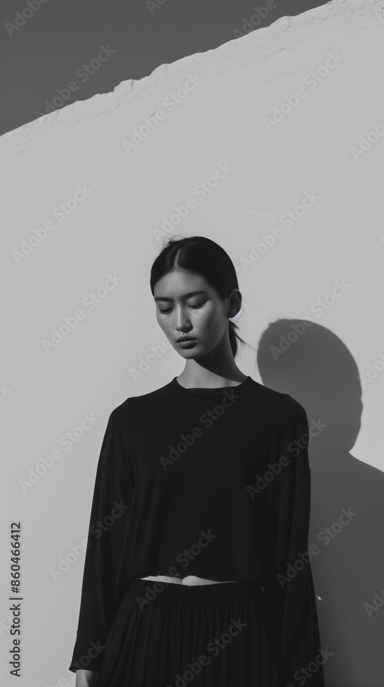 Young woman is posing in minimalist fashion, standing against a white wall with strong shadows Young woman is posing in minimalist fashion, standing against a white wall with strong shadows