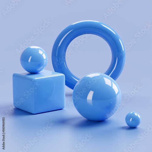 D render of three abstract shapes in the color blue floating on an isolated background
