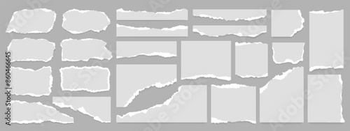 White realistic torn or ripped paper strip collection with grunge edges. Torn notebook page or scrap note with damaged border. Sticky newspaper clip art with paint brush stroke texture. Ripped banner.