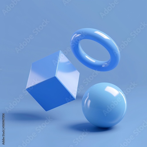 D render of three abstract shapes in the color blue floating on an isolated background