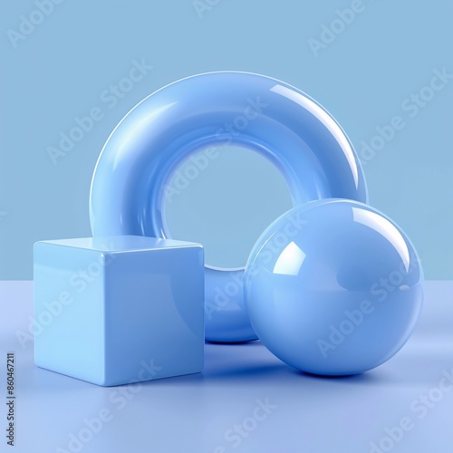D render of three abstract shapes in the color blue floating on an isolated background
