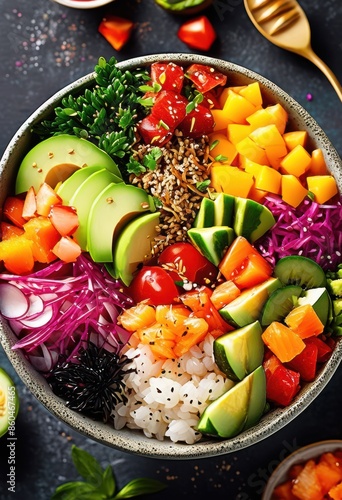 colorful poke bowl fresh ingredients bursting vibrant colors flavors, delicious, food, healthy, meal, lunch, dinner, tasty, nutritious, freshness, bright photo