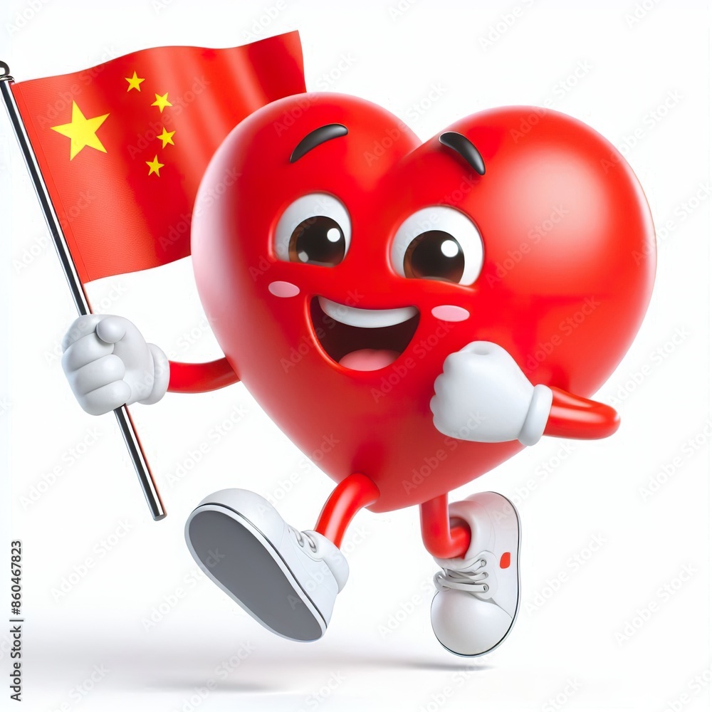 3D image of a heart cartoon character holding a China flag, happy overjoyed 3D image of a heart cartoon character holding a China flag, happy overjoyed
