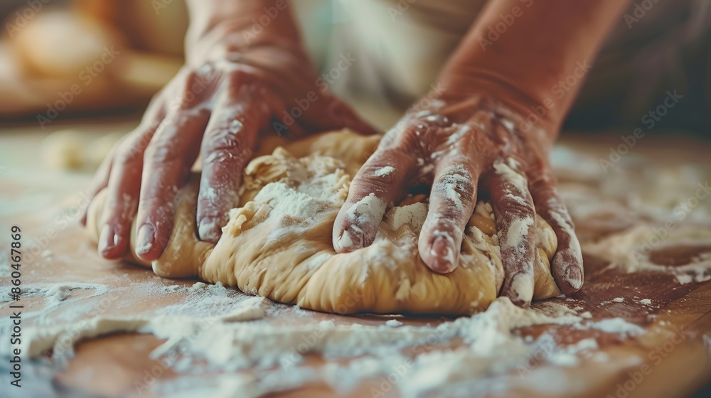 Hands Kneading Dough: Close-up of hands kneading dough on a floured surface in a warm, inviting kitchen setting. Hands Kneading Dough: Close-up of hands kneading dough on a floured surface in a warm, inviting kitchen setting.