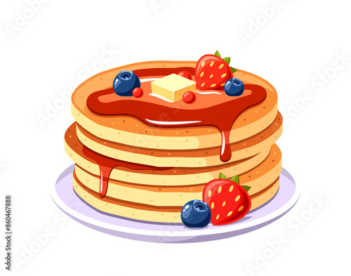 Stack Of Golden Pancakes Topped With Fresh Blueberries, Strawberries, And A Pat Of Butter, Drizzled With Syrup