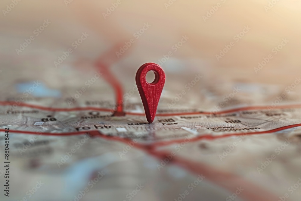 A red location pin is placed on a detailed city map. The pin is in focus and the map is blurred in the background, creating a minimalist and clean look. Generative AI A red location pin is placed on a detailed city map. The pin is in focus and the map is blurred in the background, creating a minimalist and clean look. Generative AI