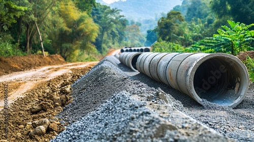 Concrete drainage pipe system installation on road sides for urban water and sewage drainage