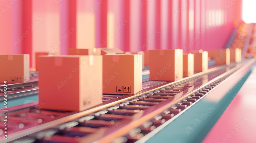3D illustration of cardboard boxes on a conveyor belt in pastel colors Represents cargo delivery logistics and distribution in a warehouse setting 3D illustration of cardboard boxes on a conveyor belt in pastel colors Represents cargo delivery logistics and distribution in a warehouse setting