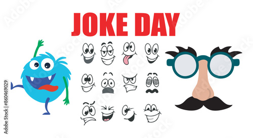 Print, 1 april symbols. Fools day emblems and logos with place for text recent vector template set, International set Joke Day on july 01 business brochure flyer banner design horizontal template vect photo