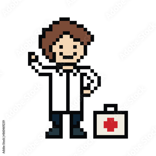 Cute pixel cartoon 8bit character man doctor or scientist game care vector for decoration pharmacist male doctor in hospital 8 bit male pixel art vector.