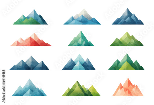 Stylized Mountain Icons in a Flat Design Style, Featuring a Range of Colors and Mountain Shapes