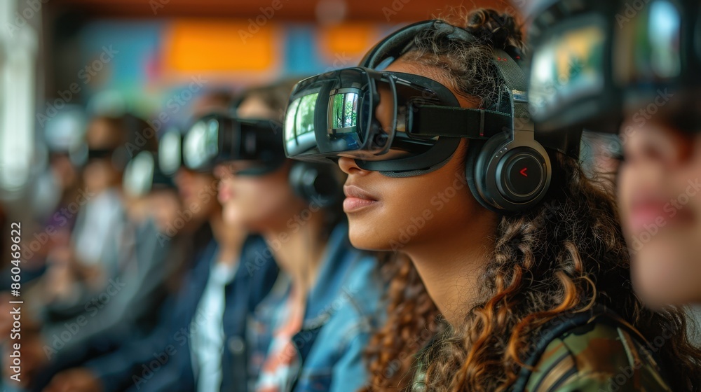 Fototapeta premium Virtual classroom setup with students engaging in interactive learning via augmented reality headsets.