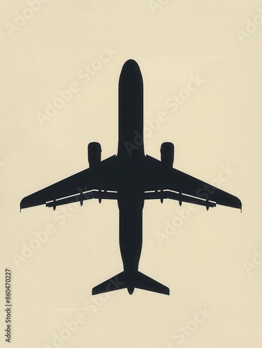 A sleek silhouette of an airplane in flight, captured against a neutral background. Generative AI photo