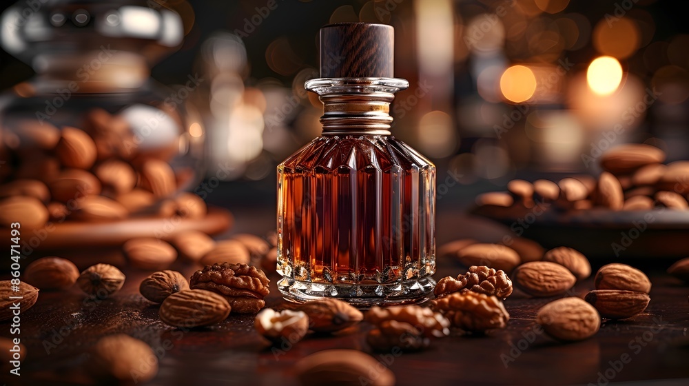 Luxury Almond Extract in a Sleek Bottle on Elegant Black Background Luxury Almond Extract in a Sleek Bottle on Elegant Black Background