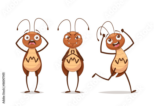 Three Animated Cartoon Cockroaches Showing A Range Of Emotions From Fear To Happiness. Vector Pest Characters
