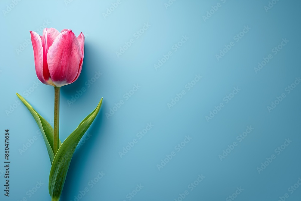 A single pink tulip on a blue background A single pink tulip on a blue background