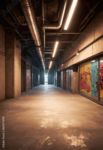 Industrial Abandon: A Graffiti-Filled Concrete Corridor in a Darkened Building