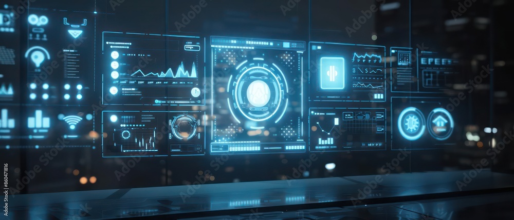 A futuristic smart home interface showing advanced digital controls with ample copy space A futuristic smart home interface showing advanced digital controls with ample copy space