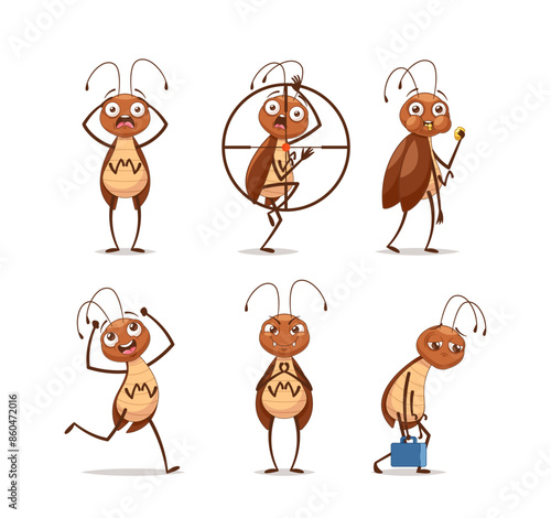 Set Of Cartoon Cockroach Characters Showing Different Emotions And Actions. Vector Illustrations Feature Funny Pests