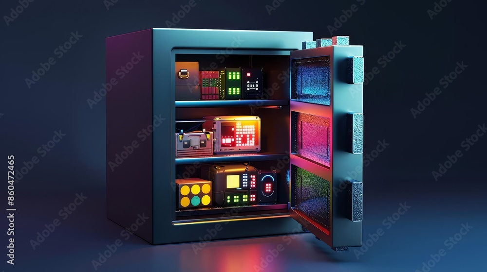 A 3D depiction of a safe overflowing with digital and physical assets with copy space A 3D depiction of a safe overflowing with digital and physical assets with copy space