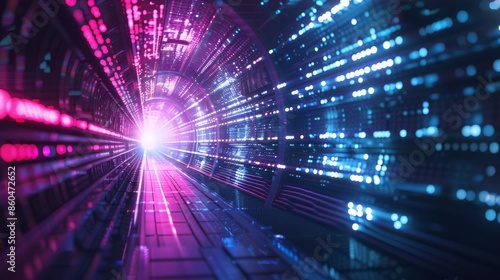 Abstract depiction of a door in a tunnel with digital data center light signals Represents a future computer technology concept of a cyber gate in cyberspace or the metaverse Imagines a