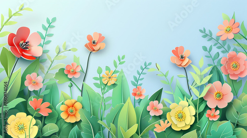 A colorful flowery border with a copy space background. Paper cut style illustration. 