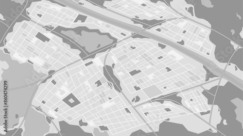 Black And White City Map Showcasing A Detailed Street Layout, Highways, And Urban Planning Features, Vector Illustration