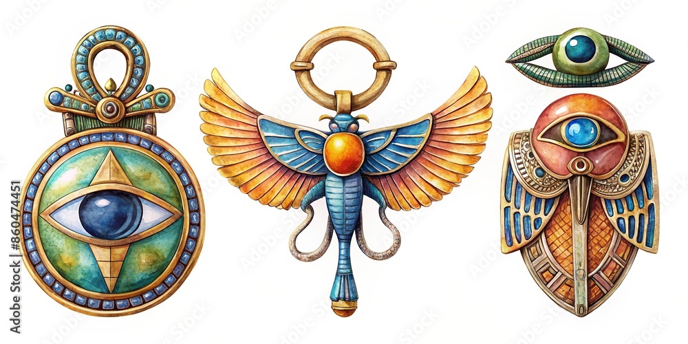 Watercolor clipart of ancient Egyptian amulets featuring scarabs, eye ...