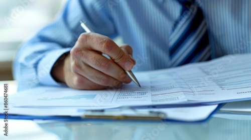 Close-up of a businessman's hand signing documents with a pen.