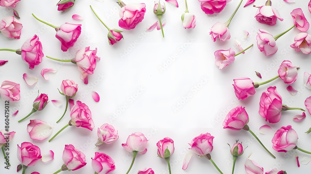 Flowers composition Frame made of pink flowers on white background Valentines Day background Flat lay top view copy space : Generative AI Flowers composition Frame made of pink flowers on white background Valentines Day background Flat lay top view copy space : Generative AI