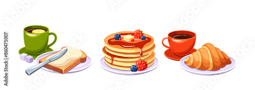 Healthy Breakfast Featuring Toast With Butter, Stack Of Pancakes With Syrup And Berries, Croissants, And Cups Of Coffee