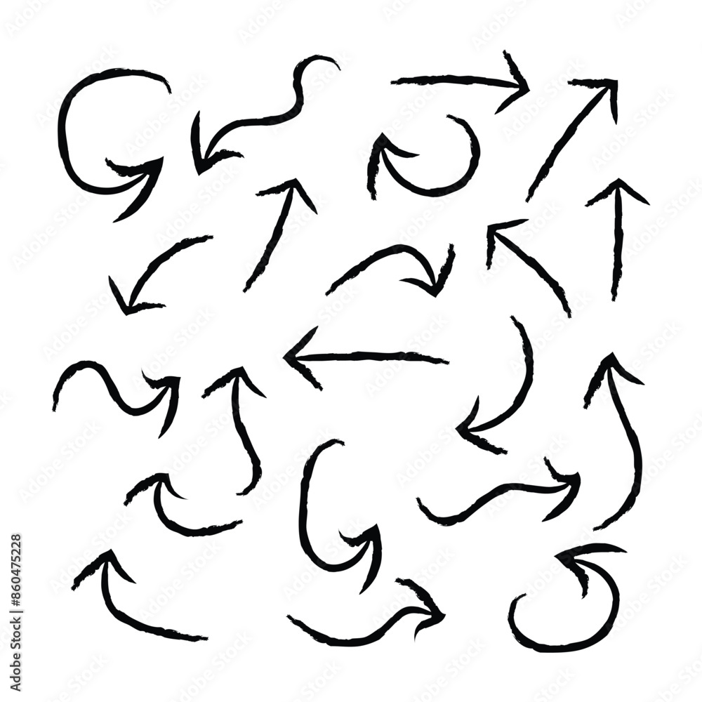 grunge arrow. Set of black hand drawn grunge doodle spiral and curved charcoal, chalk arrows on white background. Scribble symbols of direction pointers elements for infographic design in eps 10. grunge arrow. Set of black hand drawn grunge doodle spiral and curved charcoal, chalk arrows on white background. Scribble symbols of direction pointers elements for infographic design in eps 10.