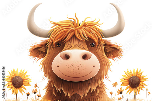 Cute cartoon highland cow with sunflowers on white background, featuring adorable facial expression and vibrant colors. photo