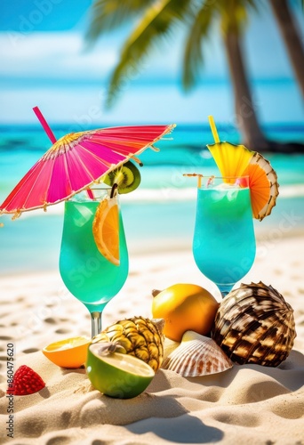 vibrant cocktails sandy beach seashells, tropical, colorful, ocean, summer, exotic, shore, seaside, bright, beachy, shorelines, colors, seashore, collection