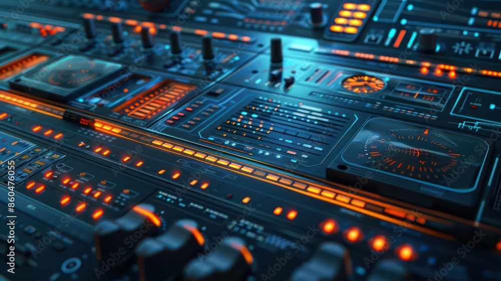Conceptual digital control panel for music production in a futuristic studio with room for text Conceptual digital control panel for music production in a futuristic studio with room for text