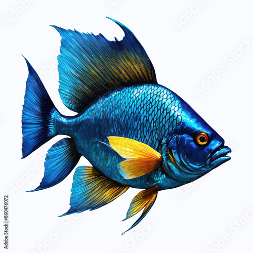 Vivid Blue and Yellow Tropical Fish with Striped Fin and Orange Gills photo