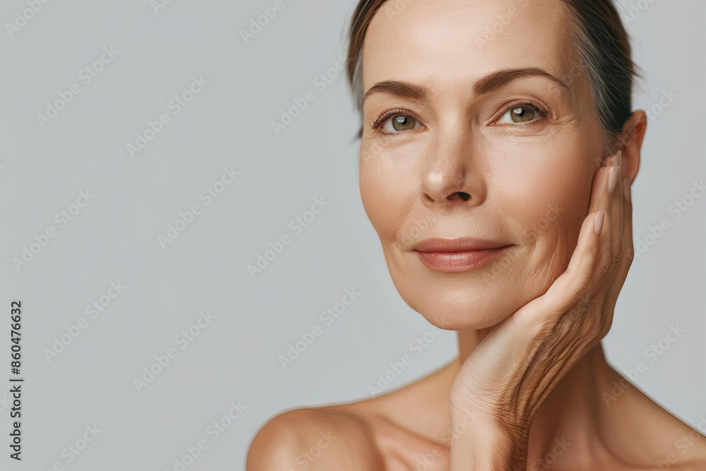 A senior woman with perfect skin, represents healthy skincare, with copy space A senior woman with perfect skin, represents healthy skincare, with copy space