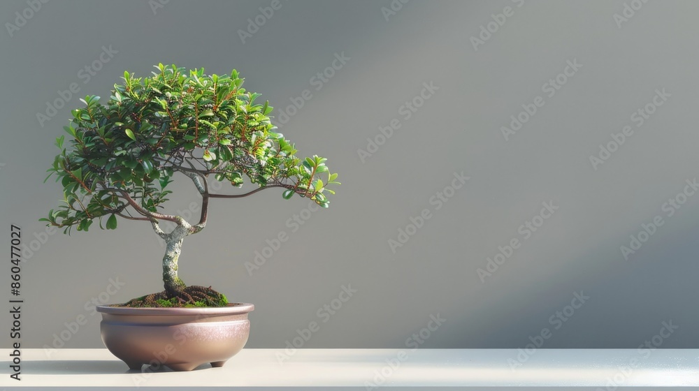 Bonsai Tree on a White Tabletop with a Grey Background Bonsai Tree on a White Tabletop with a Grey Background