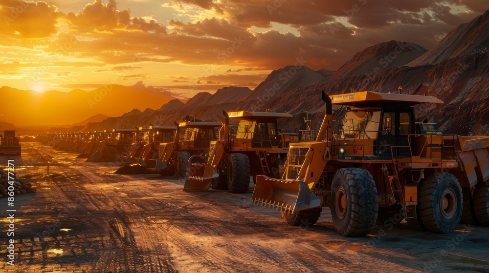 Yellow Mining Trucks Parked at Sunset Yellow Mining Trucks Parked at Sunset