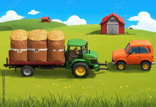 Rural Scene with Farm Tractor and Hay Bales