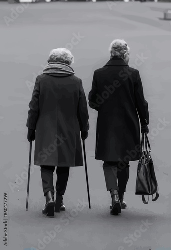 Two Elderly Individuals Walking Side by Side on a Paved Surface, Each Holding a Cane and Carrying a Handbag