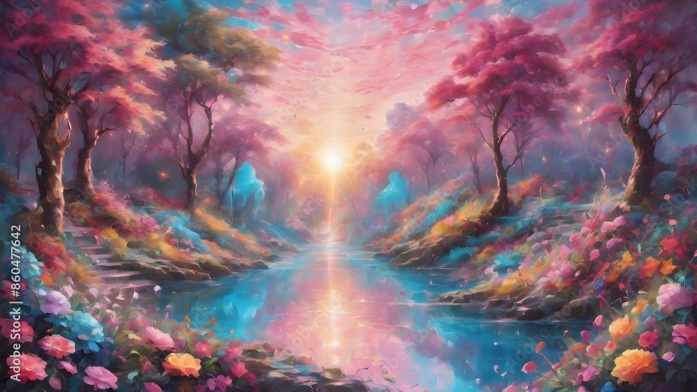 The sunrise is pink the vibrant colors of various types of flowers scattered throughout the landscape. where meandering rivers flowing with the eclectic essence of pure crystal reflect a radically mys The sunrise is pink the vibrant colors of various types of flowers scattered throughout the landscape. where meandering rivers flowing with the eclectic essence of pure crystal reflect a radically mys