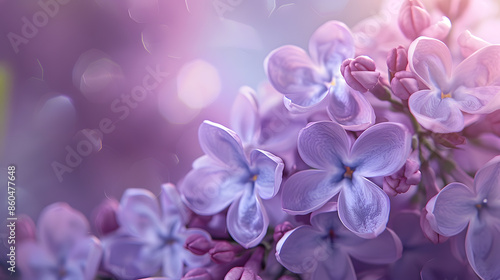 Lilac flowers bloom branch panorama Greeting gift card background  Toned image Template banner : Generative AI